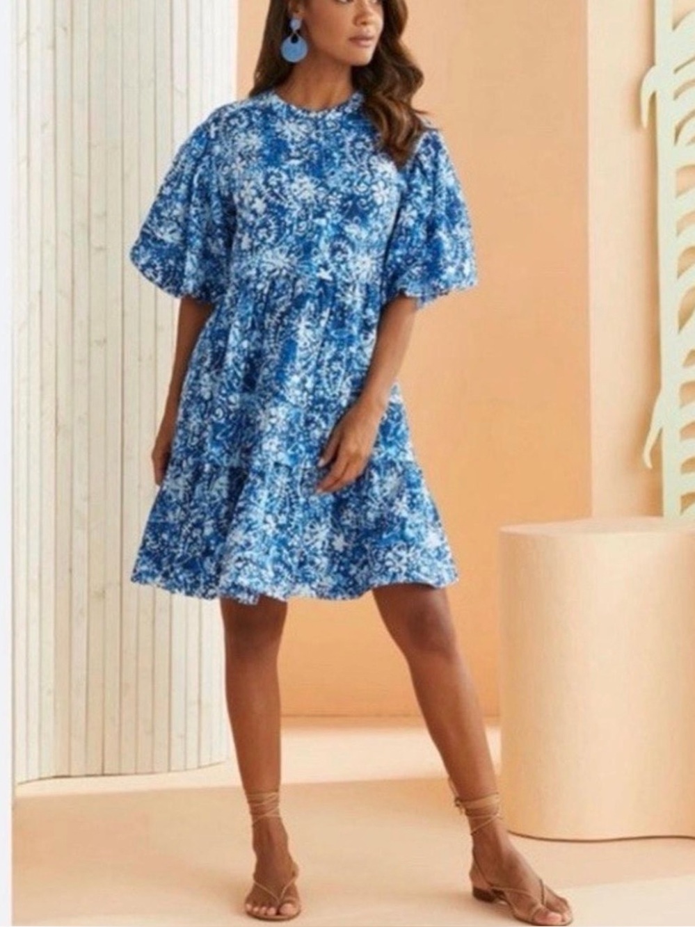 Marie Oliver Florence Blue Floral Dyed Tiered Short Dress